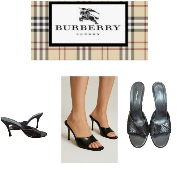 Burberry Black Snakeskin High Heel Sandals Size EU 39.5/US 9 Designer Open To - Picture 1 of 13